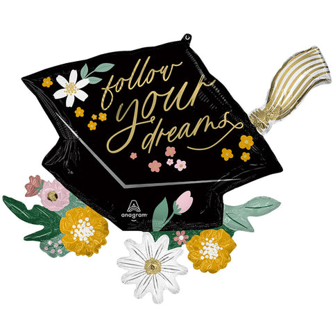 30" Follow Your Dreams Grad Cap Blooms Foil Balloon
